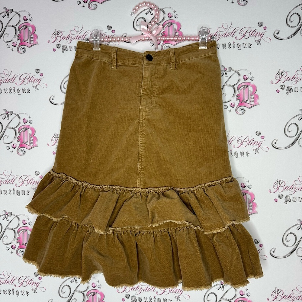 Skirt corduroy ruffle frill tiered brown tan soft velour velvet vintage retro
